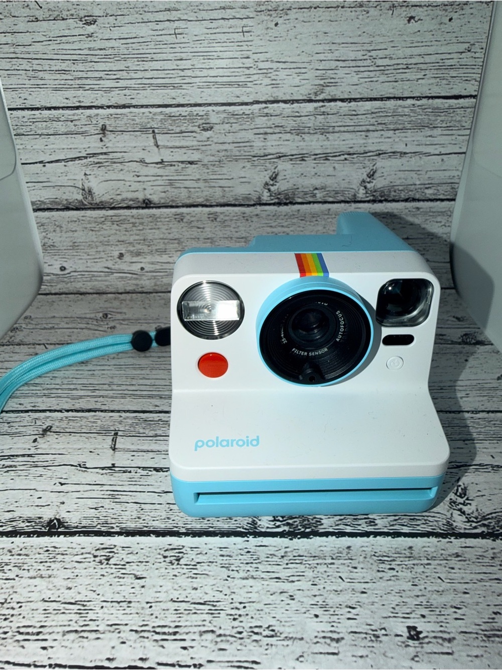 Polaroid White & Light Blue Instant Camera with Rainbow Stripe